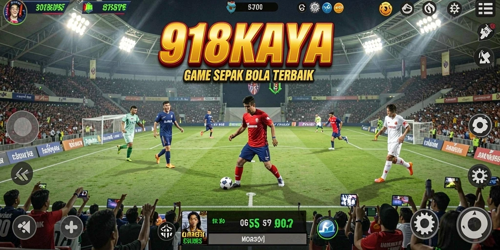 Tangkapan layar dari gameplay 918KAYA dengan aksi sepak bola yang menegangkan.