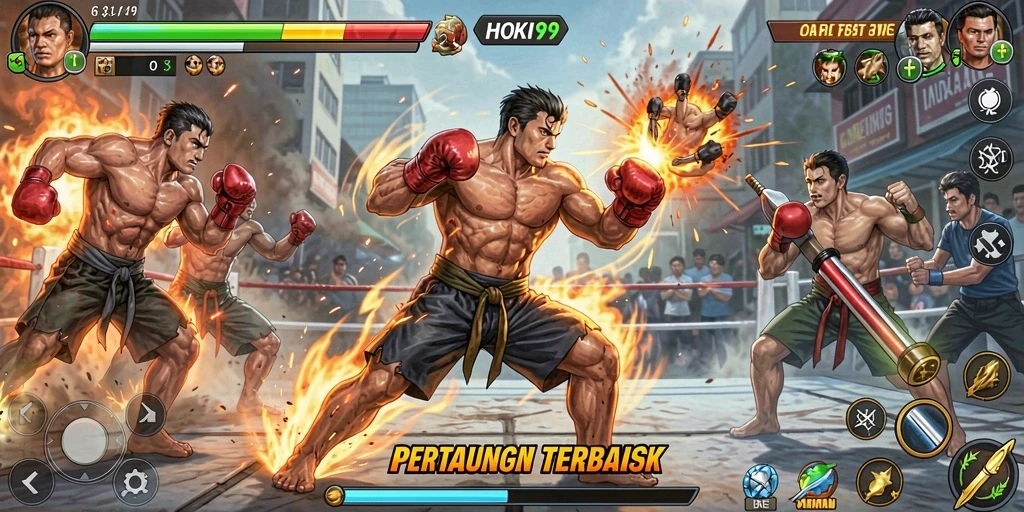 Tampilan gameplay HOKI99 dengan pertarungan seru antar karakter.