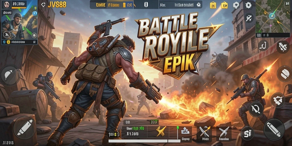 Tampilan aksi mendebarkan dalam game Battle Royale JVS88.