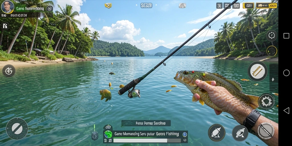 Tampilan gameplay SE328 saat menangkap ikan di danau indah.