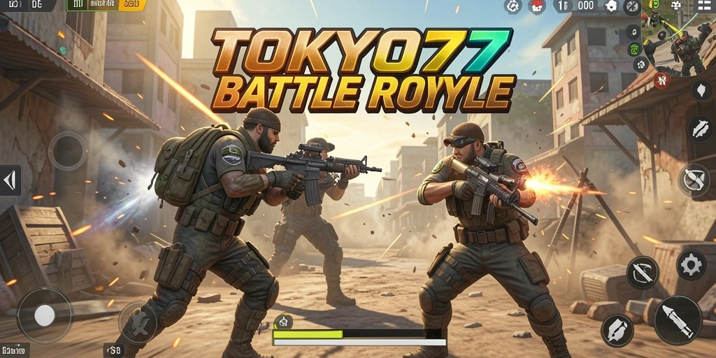 Screenshot utama TOKYO77 menampilkan aksi seru dalam pertempuran Battle Royale.